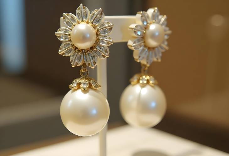 Artistic Display of Pearl Earrings in a Luxurious Showcase